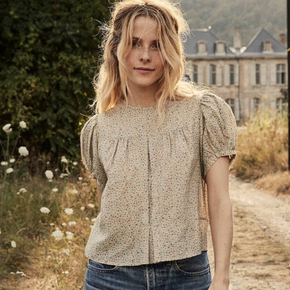 Doen Cream Floral Puff-Sleeve Blouse